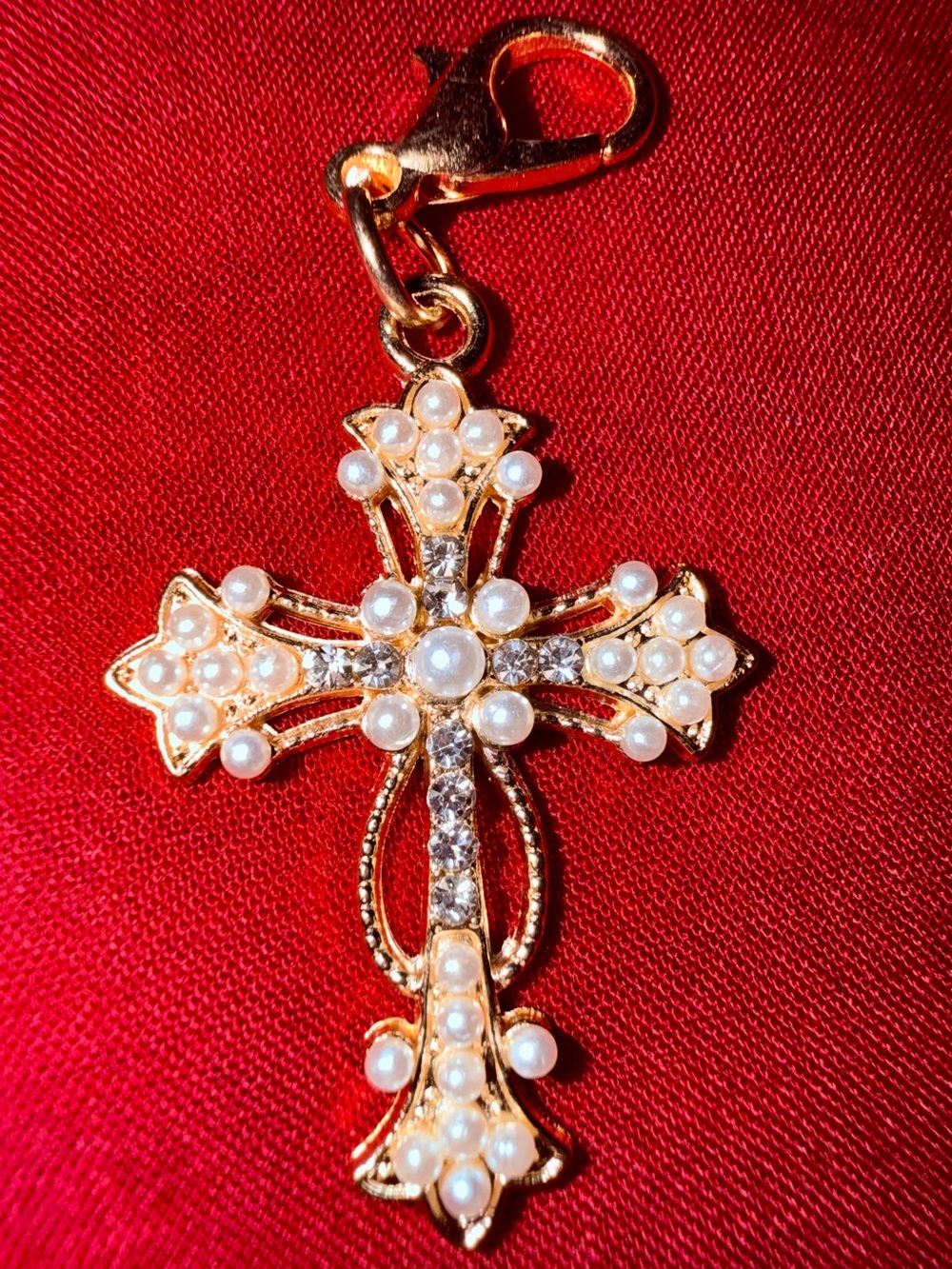 Champagne Gold Crystals & Pearls Cross Pendant Charm Zipper Pull Dog Collar Clip